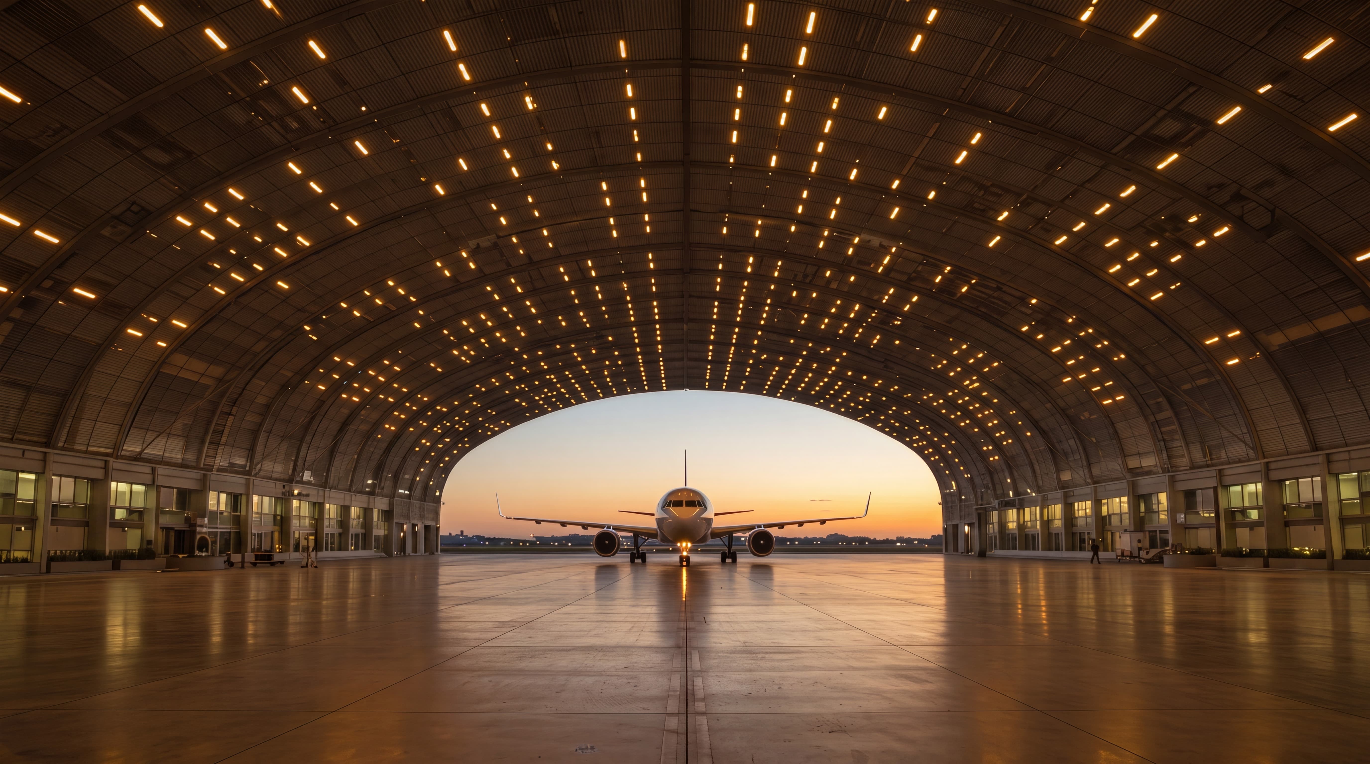 Airliner parked in a large hangar at sunset, detailed by Flightline Finish Detailing